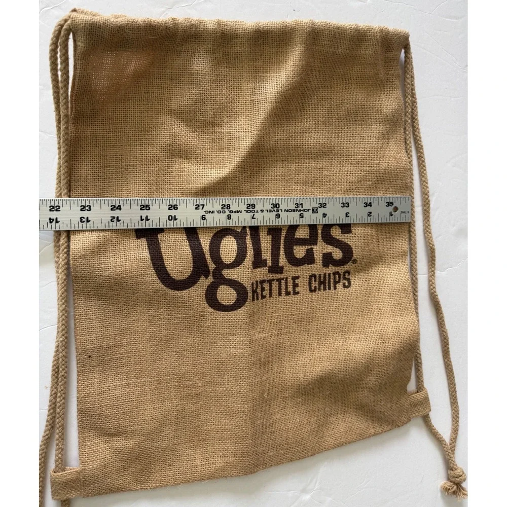 Uglies Kettle Chips Burlap Drawstring Backpack Tan Woven Cinch Bag Promotional
